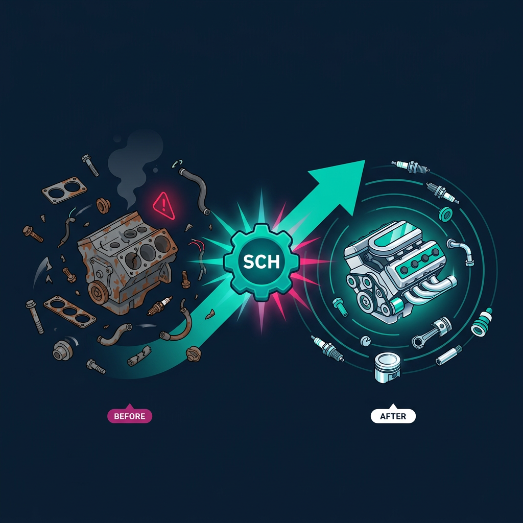 Before and after: a rusty, broken-down compliance engine, re-engineered by Security Compliance Hub into a sleek, high-performance engine
